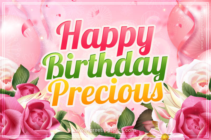 Image with gentle pink background and flowers Happy Birthday Precious