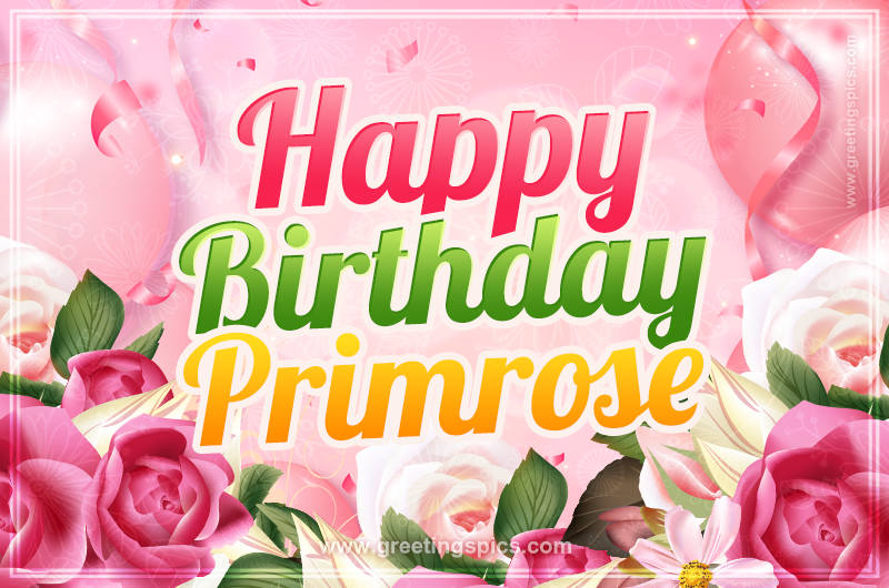 Image with gentle pink background and flowers Happy Birthday Primrose