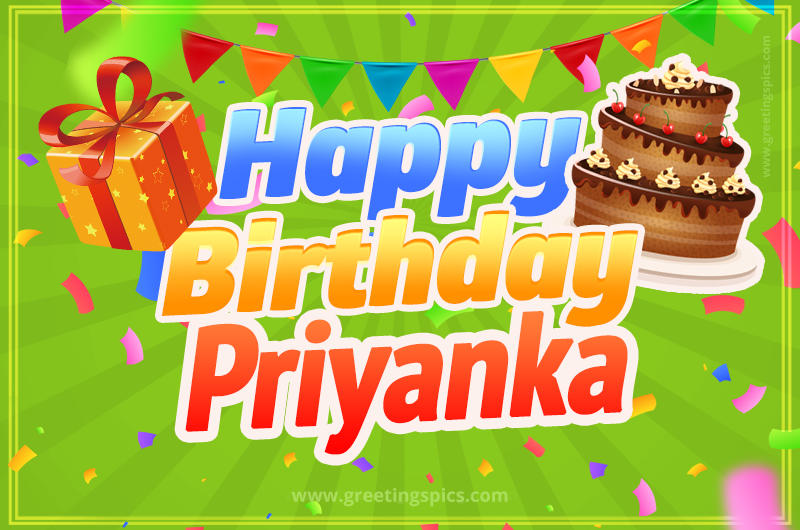 Happy Birthday Priyanka picture with flags, chocolate cake and gift box