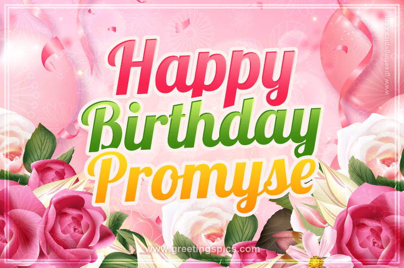 Image with gentle pink background and flowers Happy Birthday Promyse