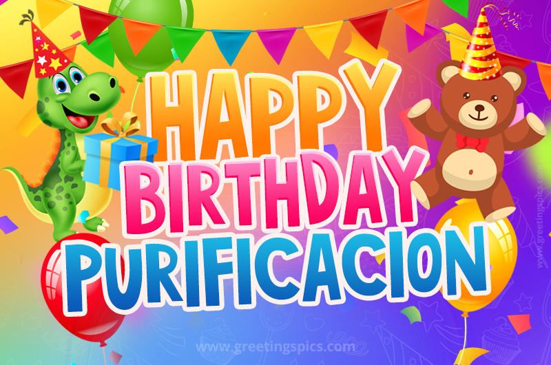 Happy Birthday Purificacion Image for a child with cute dinosaur and bear