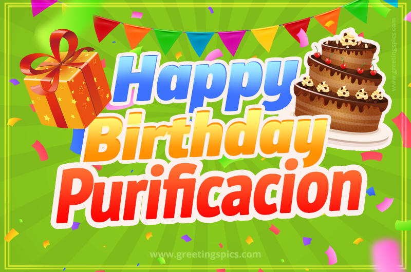 Happy Birthday Purificacion picture with flags, chocolate cake and gift box