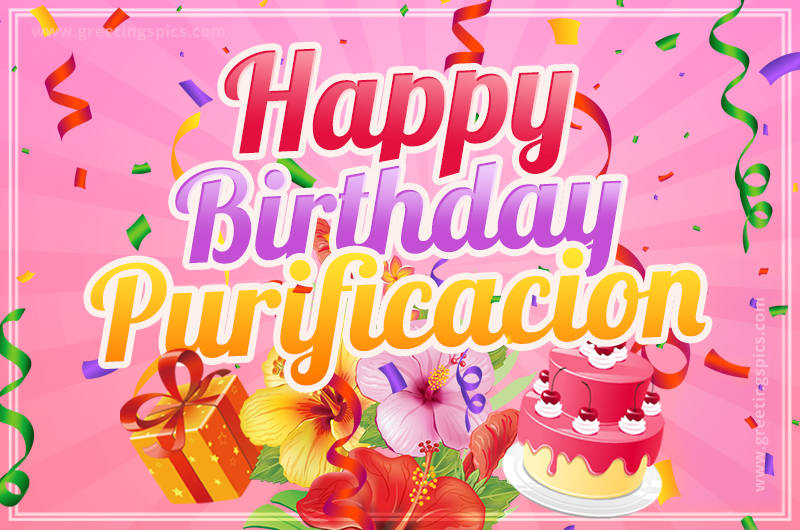 Beautiful Birthday Card for Purificacion with Cake and bouquet of flowers