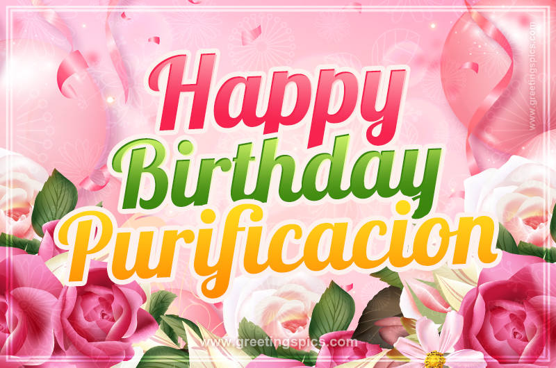 Image with gentle pink background and flowers Happy Birthday Purificacion