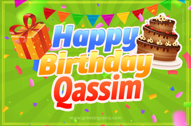 Happy Birthday Qassim picture with flags, chocolate cake and gift box