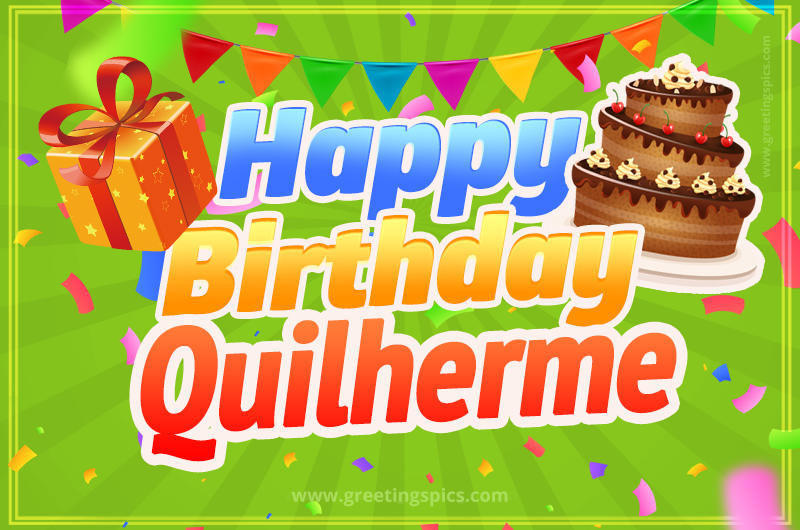 Happy Birthday Quilherme picture with flags, chocolate cake and gift box