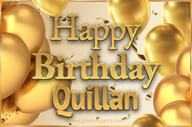 Happy Birthday Quillan Card with golden confetti and balloons