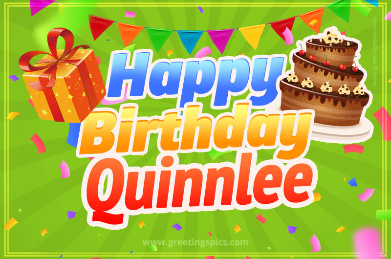 Happy Birthday Quinnlee picture with flags, chocolate cake and gift box