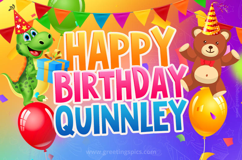 Happy Birthday Quinnley Image for a child with cute dinosaur and bear