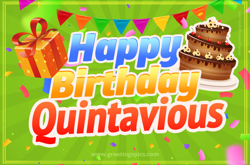 Happy Birthday Quintavious picture with flags, chocolate cake and gift box