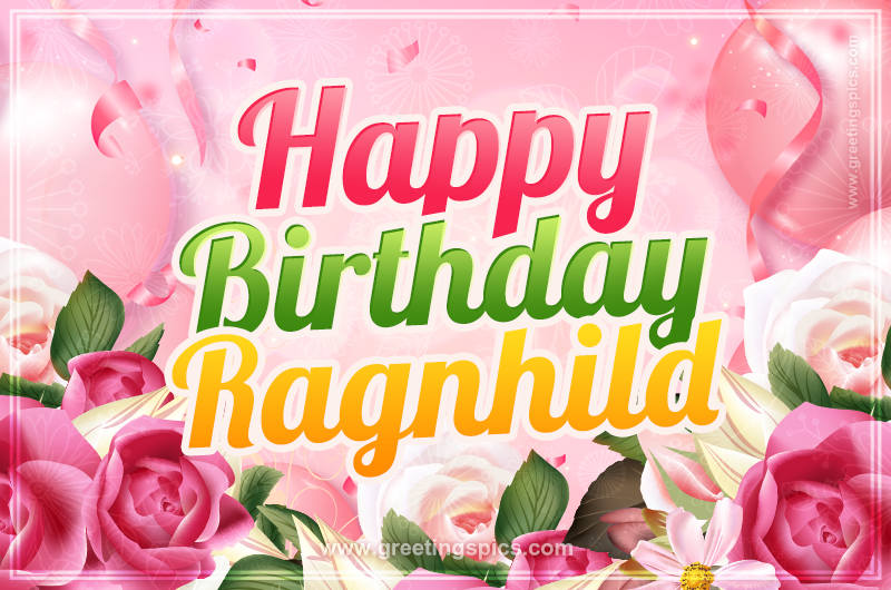 Image with gentle pink background and flowers Happy Birthday Ragnhild