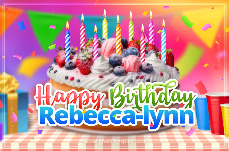 Happy Birthday Rebecca-lynn Colorful Image with fruit cake and candles