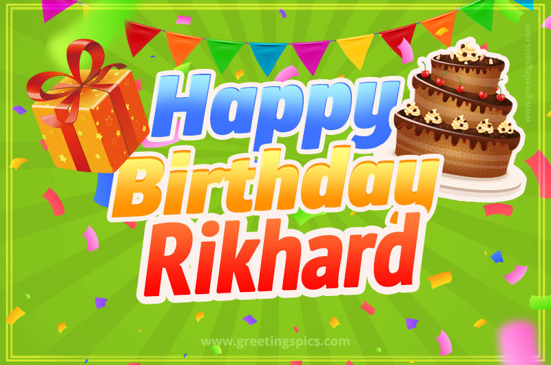 Happy Birthday Rikhard picture with flags, chocolate cake and gift box