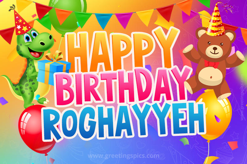 Happy Birthday Roghayyeh Image for a child with cute dinosaur and bear