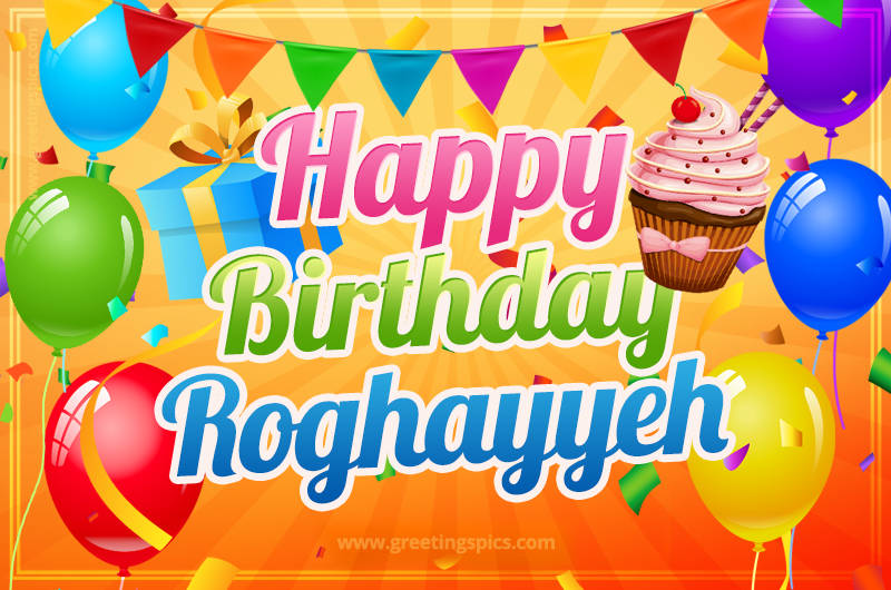 Happy Birthday Roghayyeh eCard with gift box and cupcake