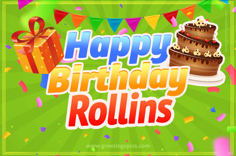 Happy Birthday Rollins picture with flags, chocolate cake and gift box