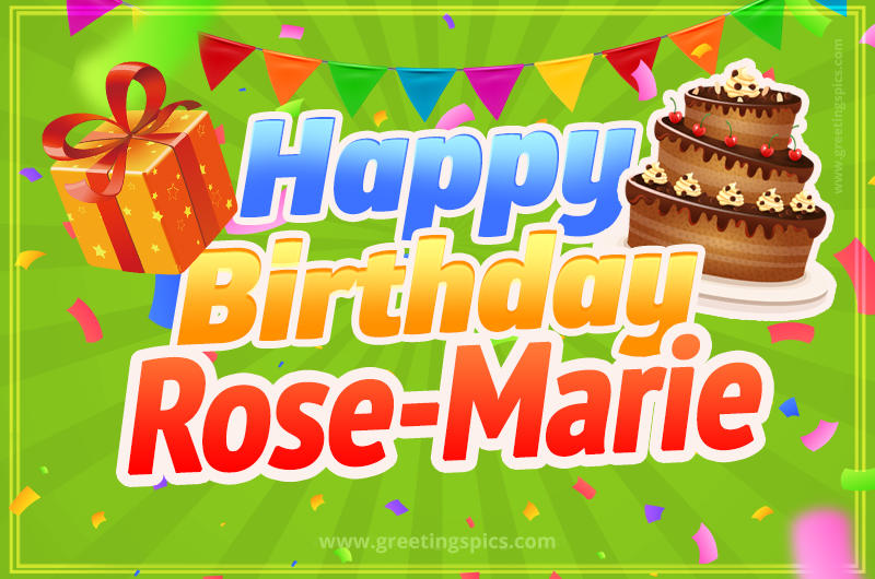 Happy Birthday Rose-Marie picture with flags, chocolate cake and gift box