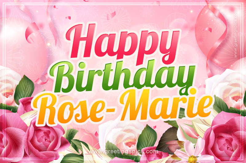 Image with gentle pink background and flowers Happy Birthday Rose-Marie