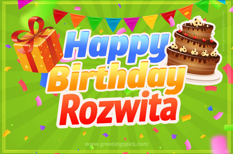 Happy Birthday Rozwita picture with flags, chocolate cake and gift box