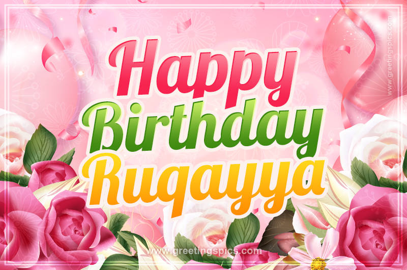 Image with gentle pink background and flowers Happy Birthday Ruqayya