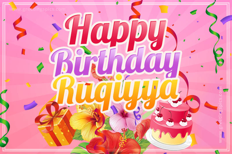 Beautiful Birthday Card for Ruqiyya with Cake and bouquet of flowers