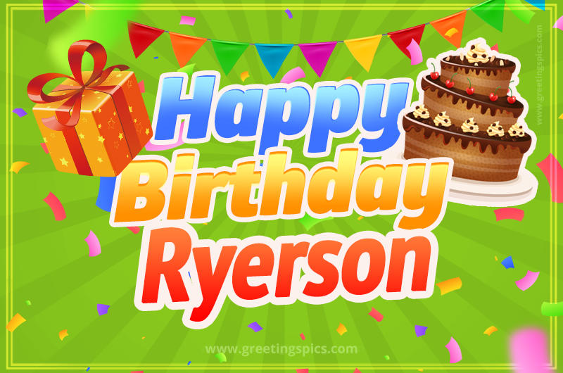 Happy Birthday Ryerson picture with flags, chocolate cake and gift box