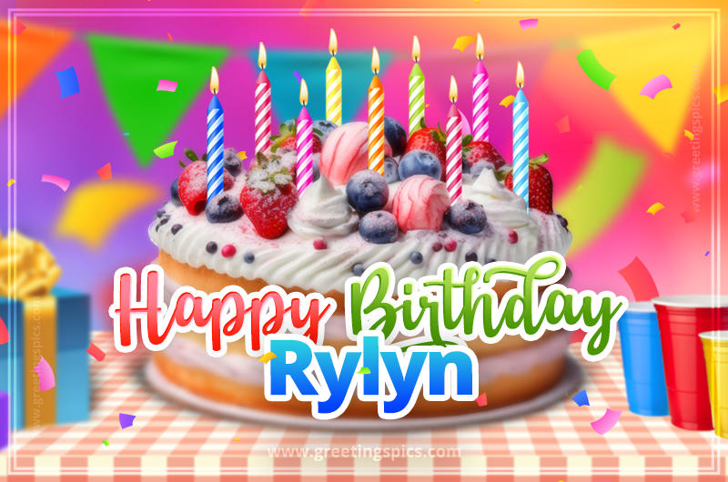 Happy Birthday Rylyn Colorful Image with fruit cake and candles