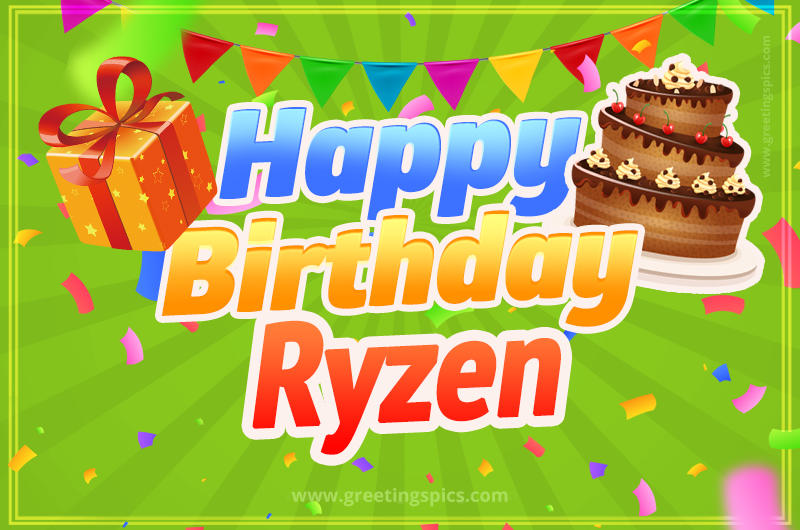 Happy Birthday Ryzen picture with flags, chocolate cake and gift box