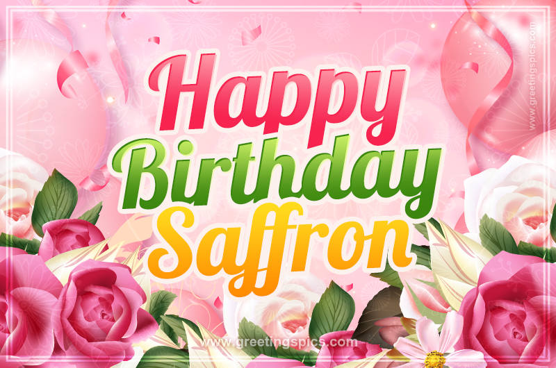 Image with gentle pink background and flowers Happy Birthday Saffron