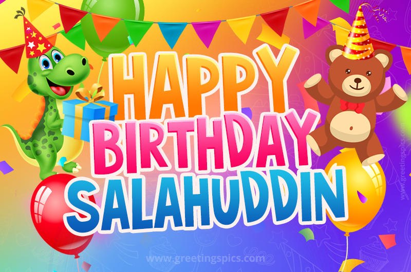 Happy Birthday Salahuddin Image for a child with cute baby dinosaur and bear