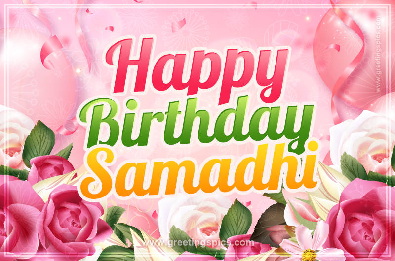 Image with gentle pink background and flowers Happy Birthday Samadhi