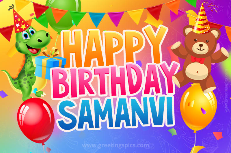 Happy Birthday Samanvi Image for a child with cute dinosaur and bear