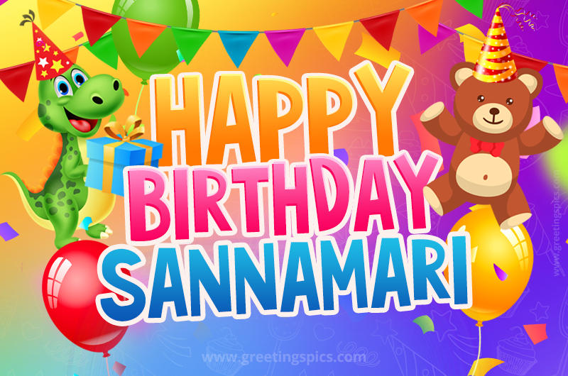 Happy Birthday Sannamari Image for a child with cute dinosaur and bear