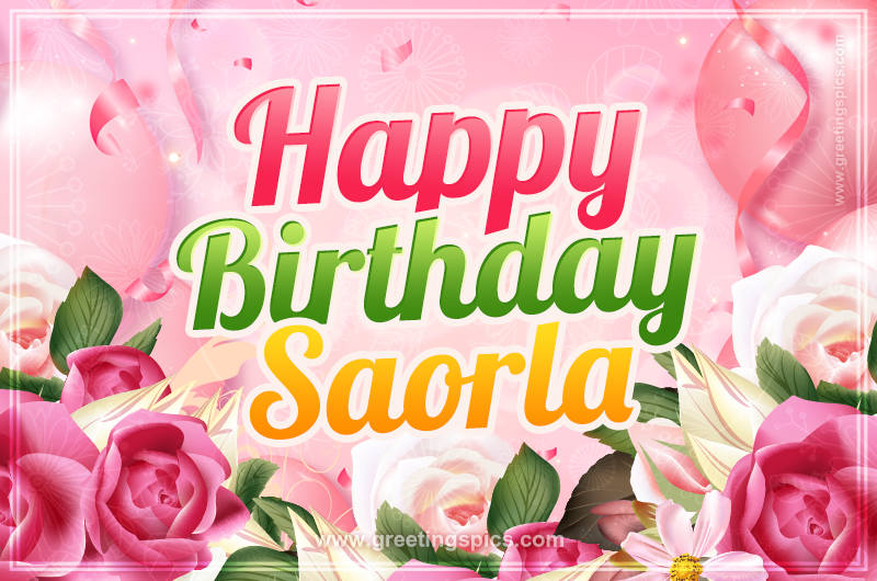 Image with gentle pink background and flowers Happy Birthday Saorla