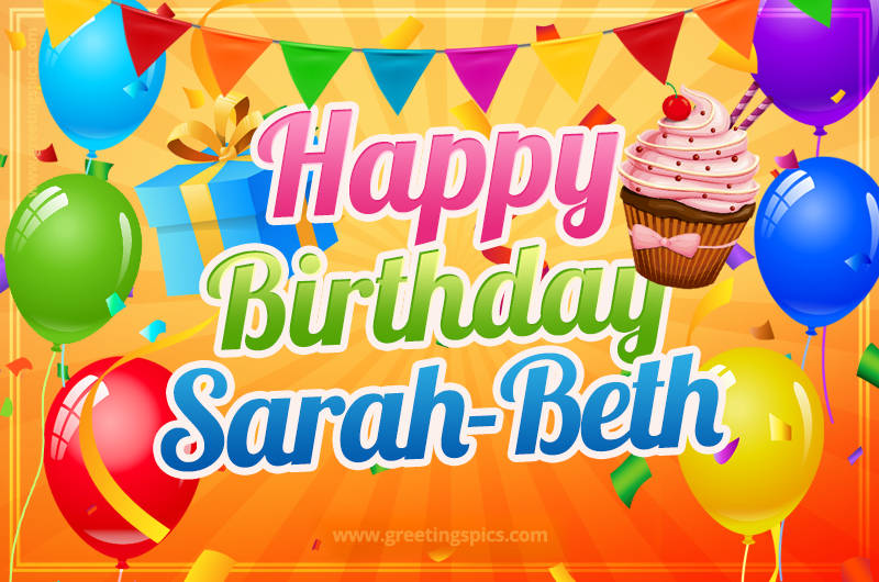 Happy Birthday Sarah-Beth eCard with gift box and cupcake