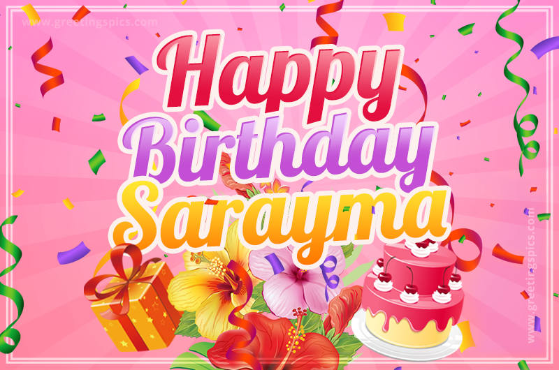 Beautiful Birthday Card for Sarayma with Cake and bouquet of flowers