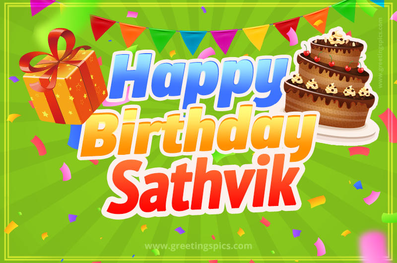 Happy Birthday Sathvik picture with flags, chocolate cake and gift box