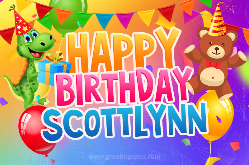 Happy Birthday Scottlynn Image for a child with cute dinosaur and bear