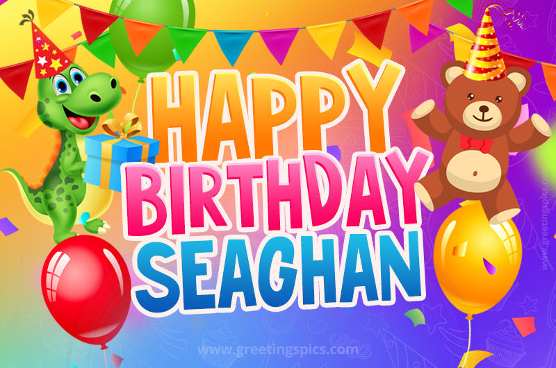 Happy Birthday Seaghan Image for a child with cute baby dinosaur and bear