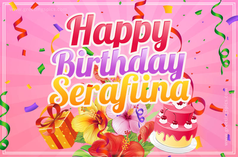 Beautiful Birthday Card for Serafiina with Cake and bouquet of flowers