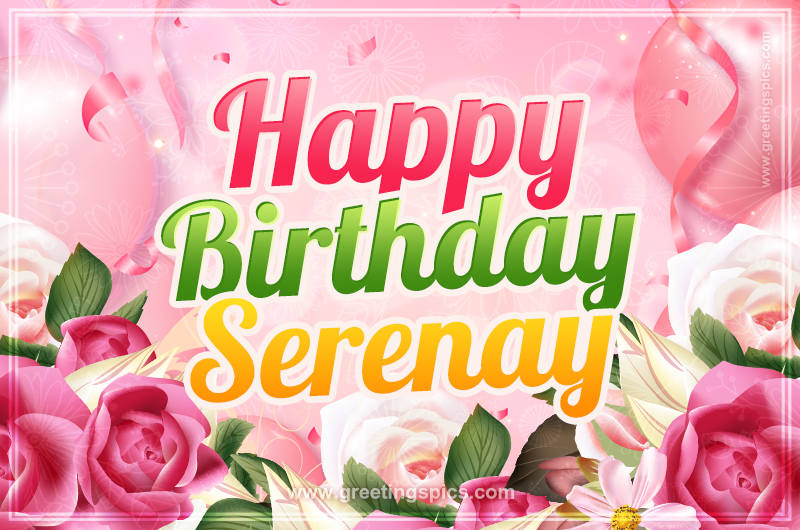 Image with gentle pink background and flowers Happy Birthday Serenay