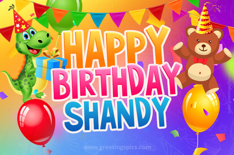 Happy Birthday Shandy Image for a child with cute dinosaur and bear