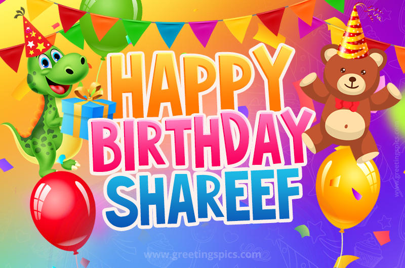 Happy Birthday Shareef Image for a child with cute baby dinosaur and bear