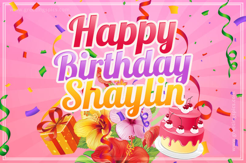 Beautiful Birthday Card for Shaylin with Cake and bouquet of flowers