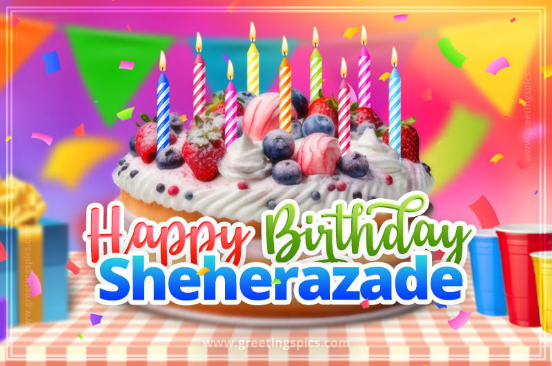 Happy Birthday Sheherazade Colorful Image with fruit cake and candles