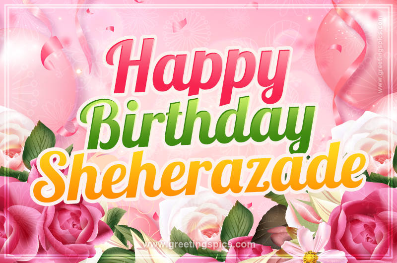 Image with gentle pink background and flowers Happy Birthday Sheherazade