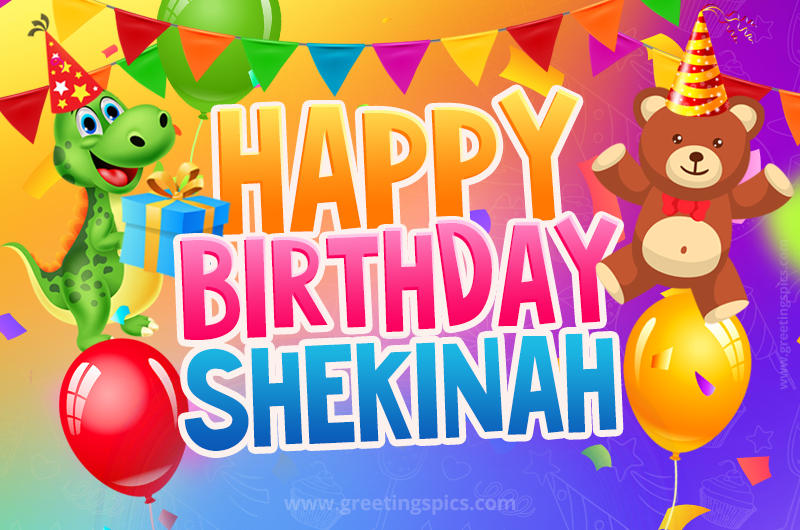 Happy Birthday Shekinah Image for a child with cute dinosaur and bear