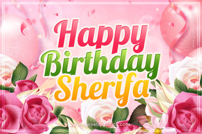 Image with gentle pink background and flowers Happy Birthday Sherifa