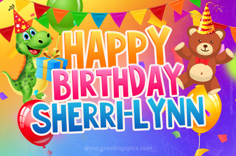 Happy Birthday Sherri-Lynn Image for a child with cute dinosaur and bear