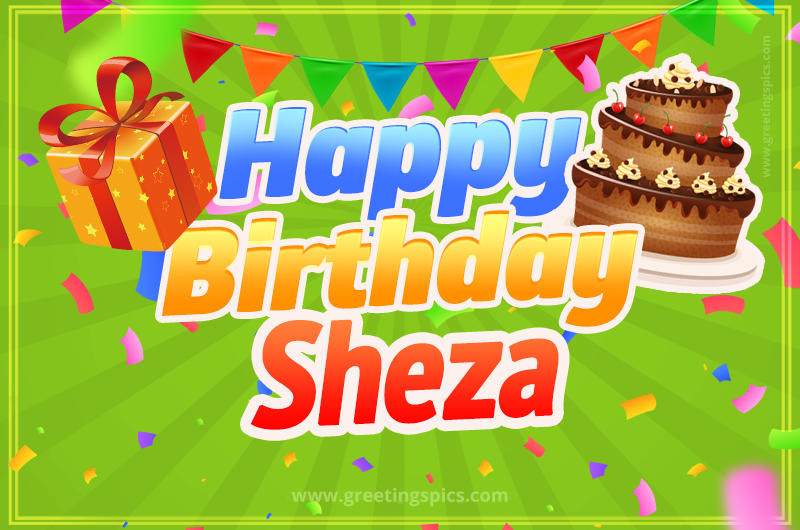 Happy Birthday Sheza picture with flags, chocolate cake and gift box